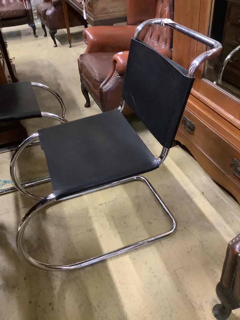 A set of six Mies Van De Rohe style chrome and black leather dining chairs, width 46cm, depth 66cm, height 83cm